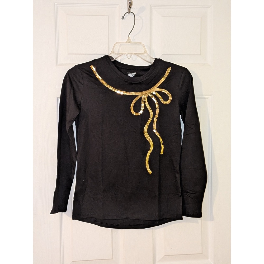 Member's Mark Girls Long Sleeve Tee Black Gold Sequins Bow Size L 10/12 NEW